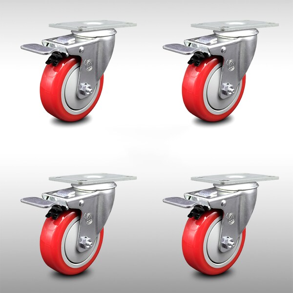 Service Caster 4 Inch SS Red Polyurethane Top Plate Caster Set Total Lock Brake SCC SCC-SSTTL20S414-PPUB-RED-4 - main